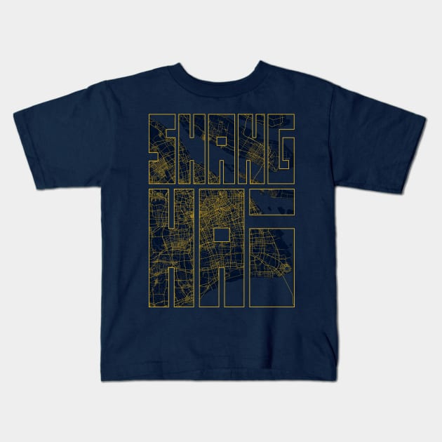 Shanghai, China City Map Typography - Gold Art Deco Kids T-Shirt by deMAP Studio